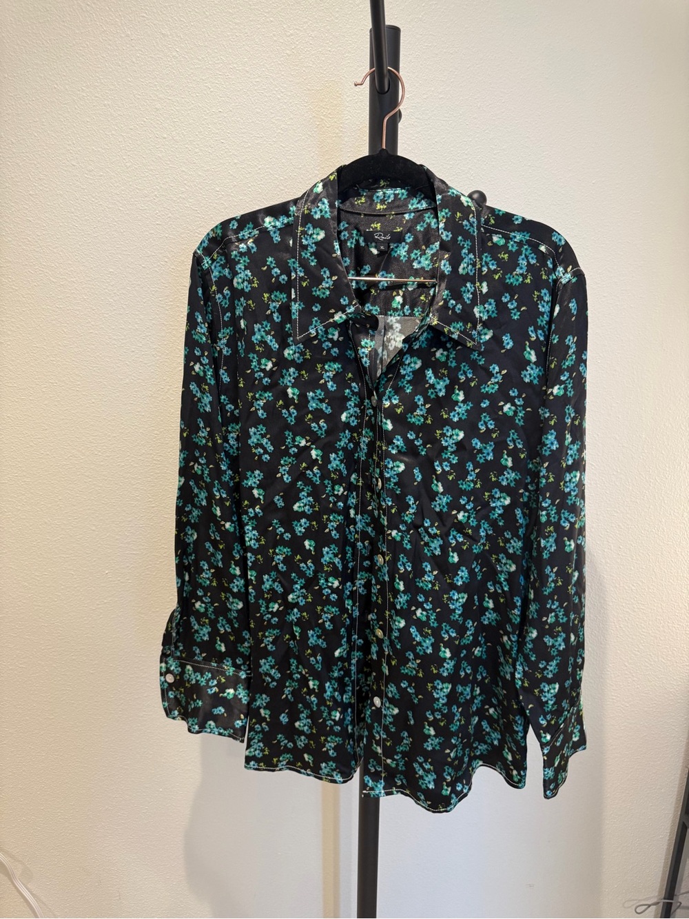 Rails Black Blouse with Teal Floral Tie-Neck